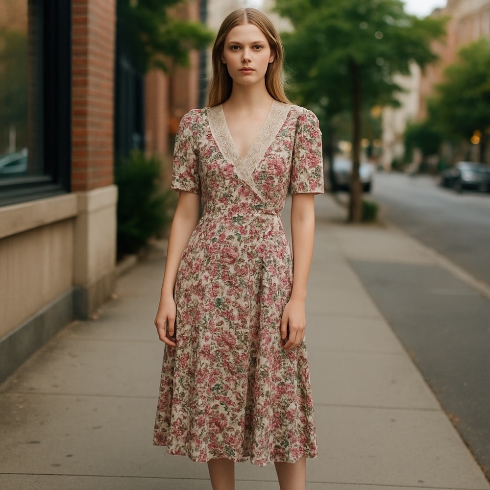 Jonathan Martin Vintage 80s Pastel Floral Lace Collar Cottagecore A-Line Dress